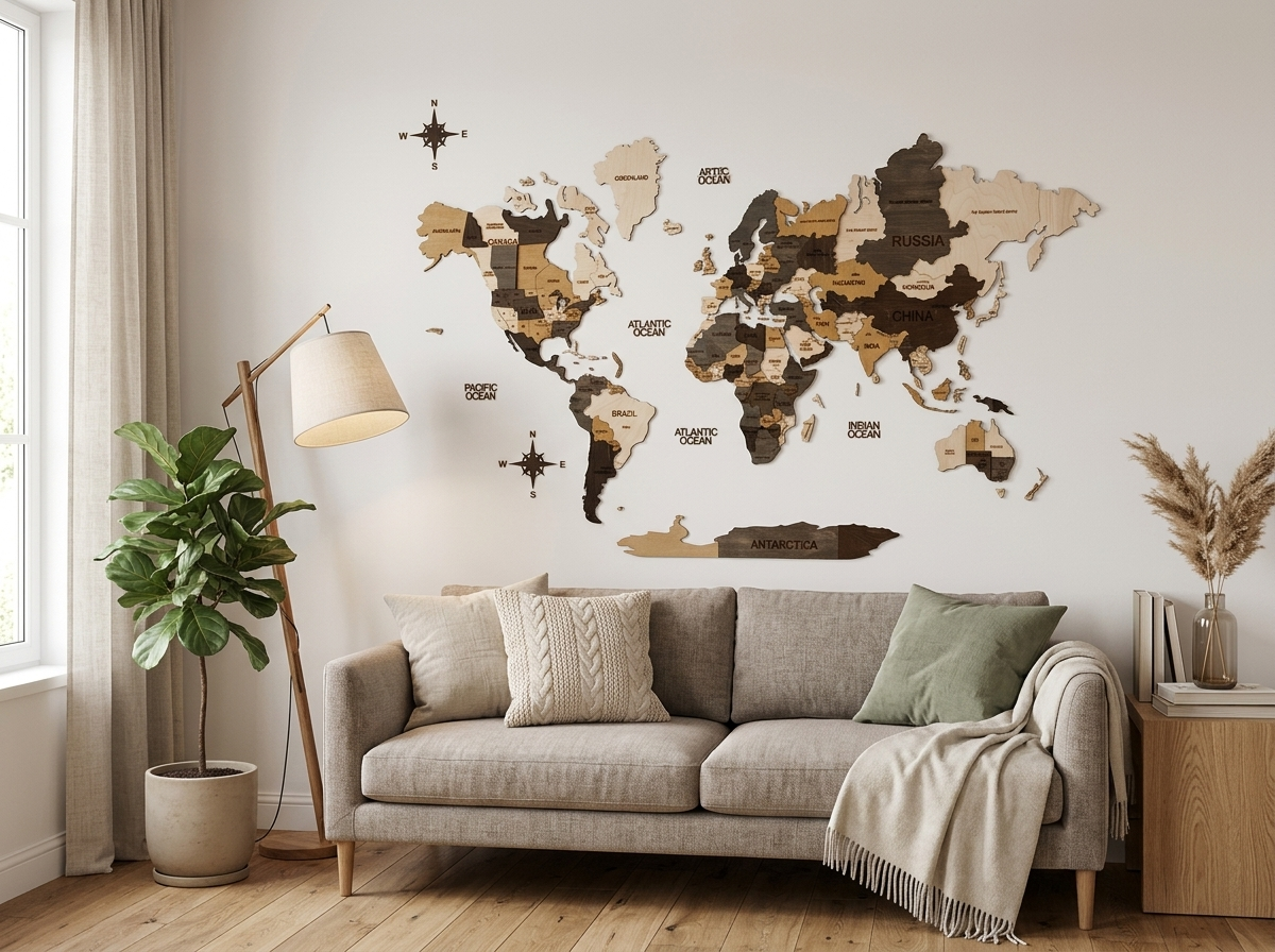 3D Mapa Sveta u dnevnoj sobi — prikaz ambijenta